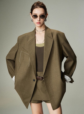 2026春高级感时髦秘鲁进口精纺羊毛外套手工线胸袋廓形西装/裙裤