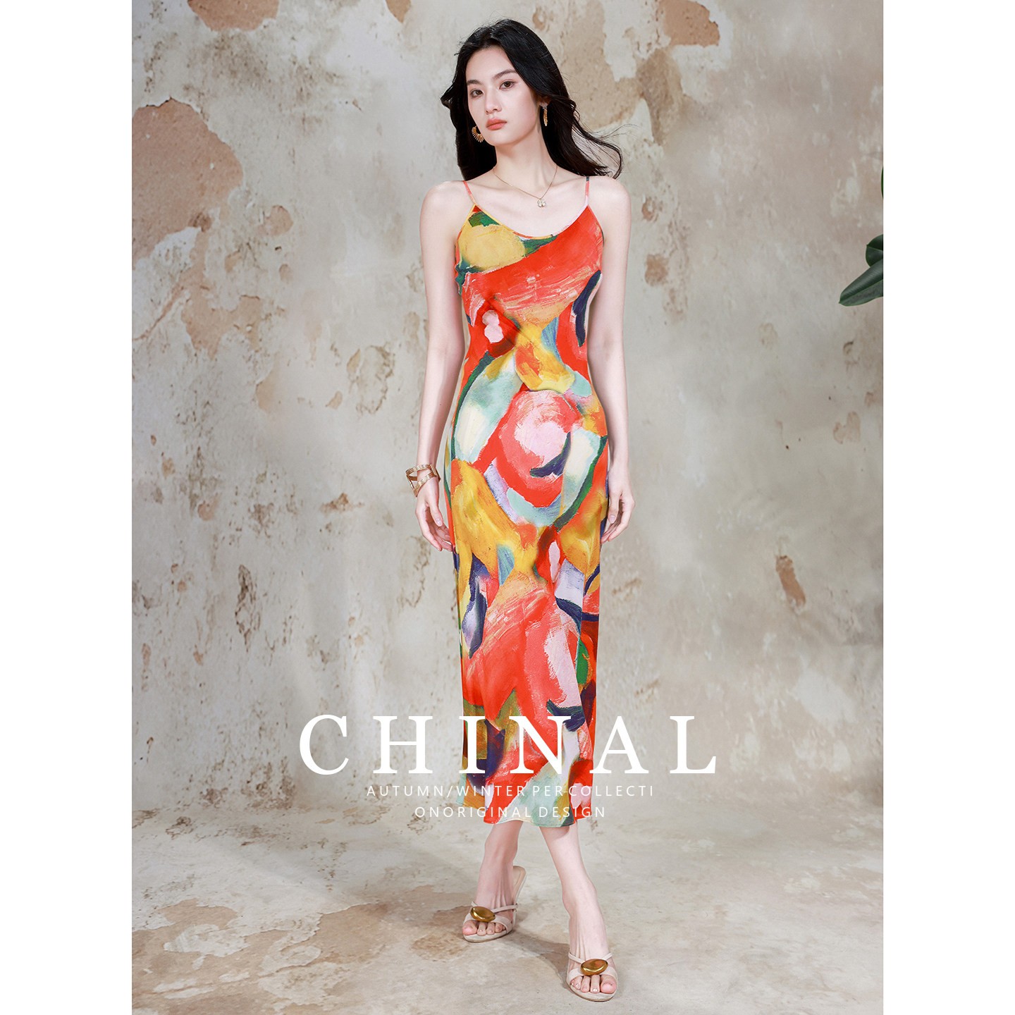 CHINA 45度斜裁真丝长裙法式浪漫复古油画吊印花桑蚕丝连衣裙子