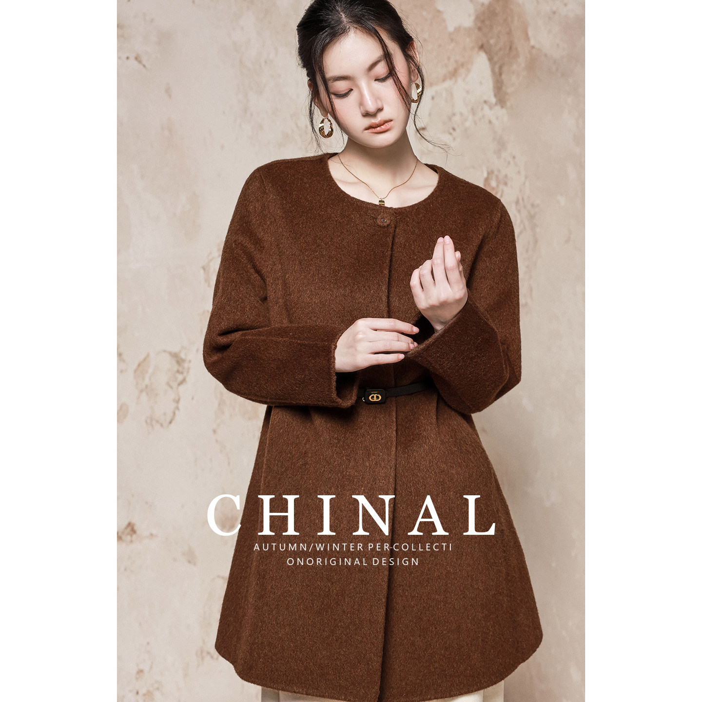 CHINAL冬装新款极简风气质双面呢羊毛外套女短款圆领腰带羊绒大衣