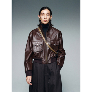 2025秋装新款高端中古款西班牙头层牛皮工装短款真皮皮衣外套女
