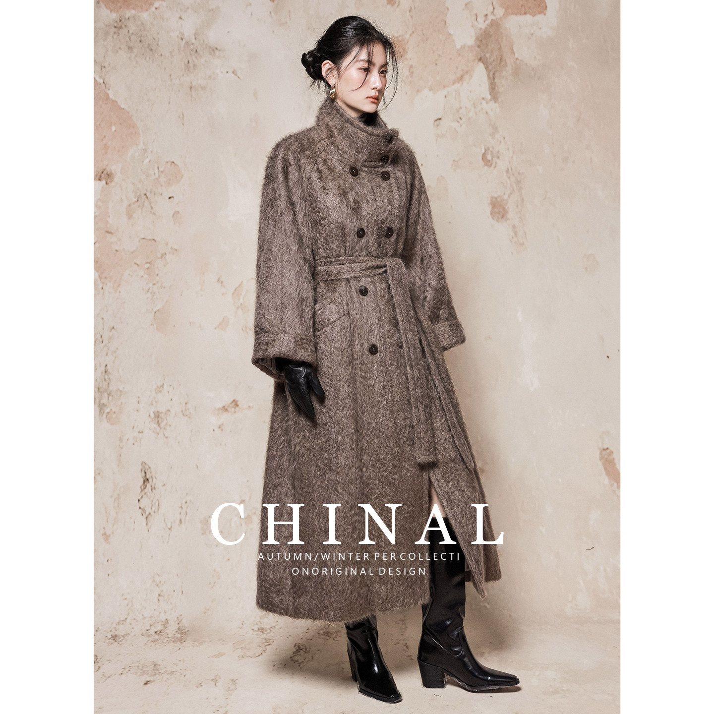 CHINAL冬装新款高端双排扣长款羊毛拉绒外套女高奢立领牦牛绒大衣