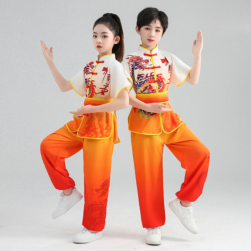 儿童武术服男女童中国风刺绣立领短袖练功表演服幼儿园学生训练服