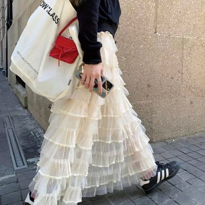 瑞瑞设计感芭蕾网纱蓬蓬蛋糕裙法式浪漫层次感高腰显瘦半身裙015