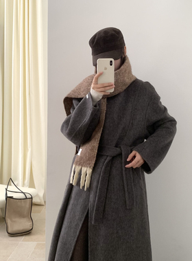 瑞瑞约立领宽松巨藏肉长款羊毛外套(配腰绳)(含90羊毛)120310W05