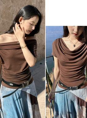 瑞搭纯色荡领收腰显瘦短袖针织衫（含16羊毛）(多种穿法)DB09091