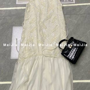 瑞瑞小众设计夏上新法式 高级感亮片蕾丝收腰气质连衣裙J752