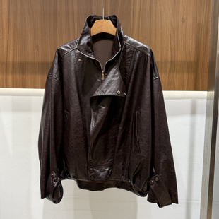 瑞瑞26年春款 SG16021 机车潮流立领拉链宽松油蜡绵羊皮皮衣dz