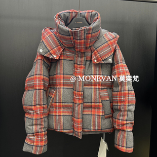 瑞瑞羊毛红格连帽休闲保暖羽绒服外套9755