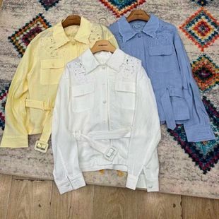 瑞瑞26年春款翻领排扣刺绣镂空衬衫(配腰绳)F2088