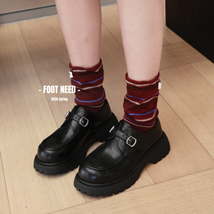 欧洲站女鞋2026春新款英伦风皮带扣乐福鞋女松糕底厚底真皮小皮鞋