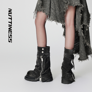 狂野分子裤管靴2025秋冬新款磨砂真皮厚底小众设计休闲中筒时装靴