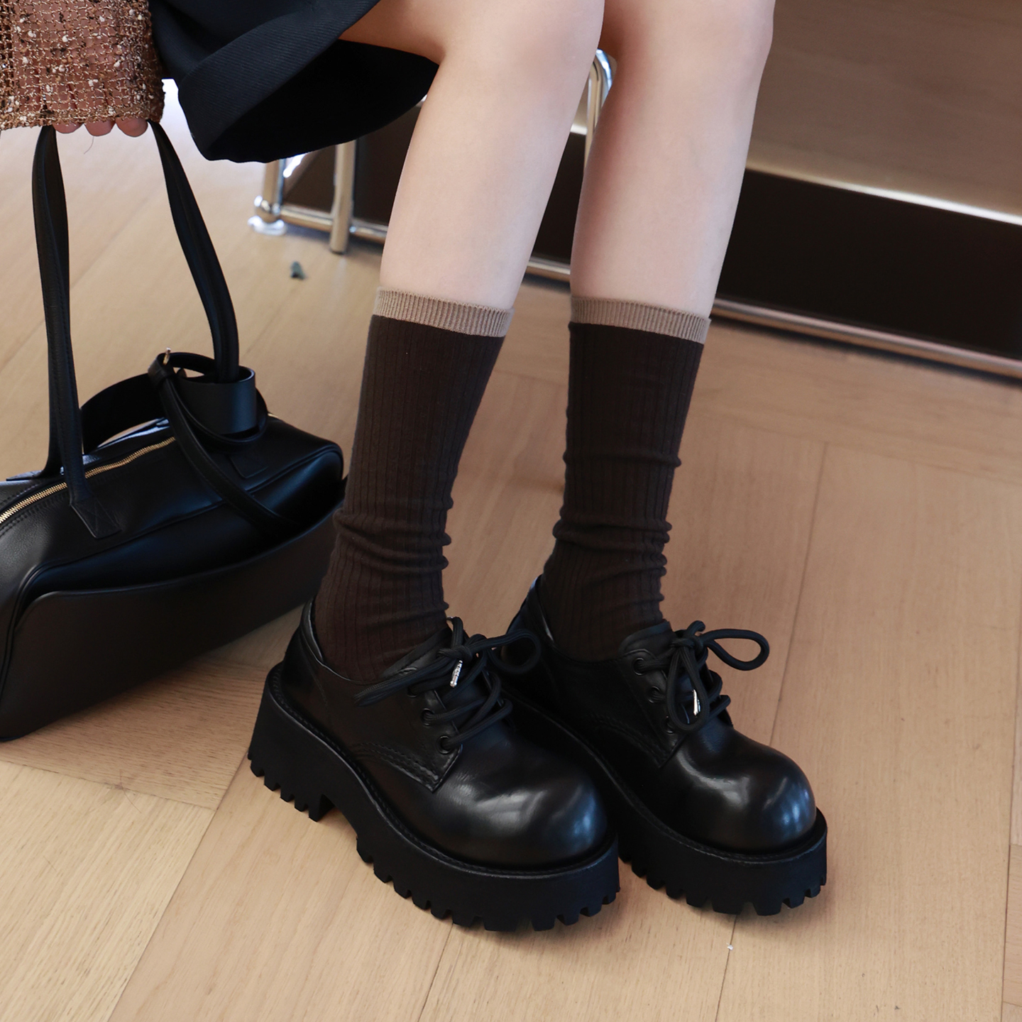 松糕厚底英伦风牛津布洛克乐福鞋