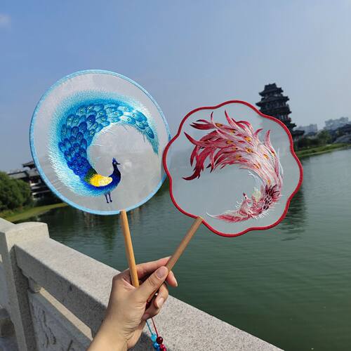 苏绣双面团扇中国风儿童女汉服旗袍古装小舞蹈扇夏季苏绣古风扇子