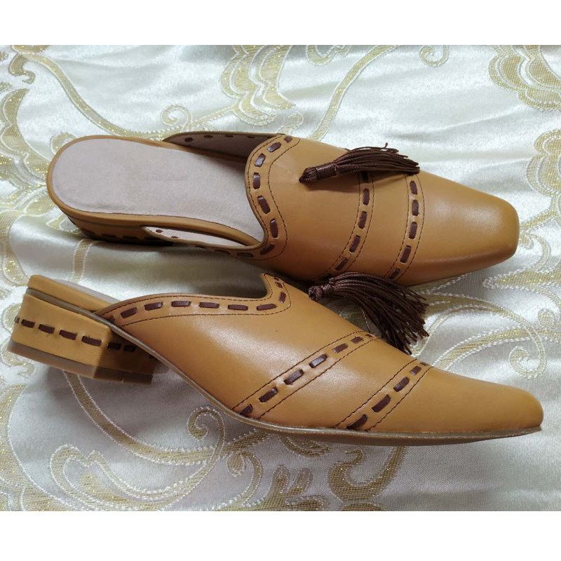 2019夏季新款《卡門島城》沙棕色粗跟流蘇包頭拖鞋女方跟半拖涼鞋在類目 女鞋, 拖鞋中 - 來自Buy2taobao.com提供專業的淘寶代購服務