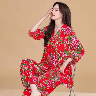 花衣服女村姑东北大花短袖夏棉绸睡衣女七分袖宽松民族风套装外穿