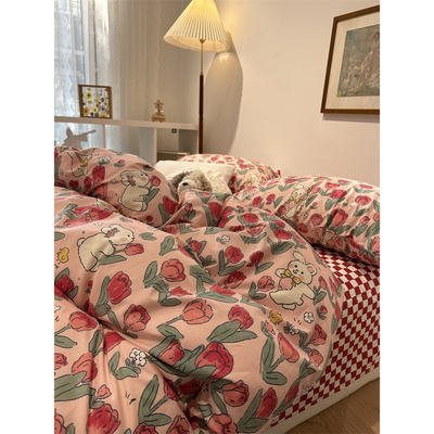 Instagram Red Tulip Rabbit Bed Set of Four Full Cotton 1.5-