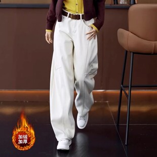 今年流行爆款加绒加厚牛仔阔腿裤女2025冬季新款小个子窄版弯刀裤