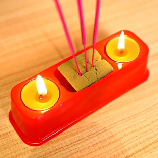 香烛套装 小烛台 红蜡烛酥油烛小棒香竹签香带底座一次性烛台便携式