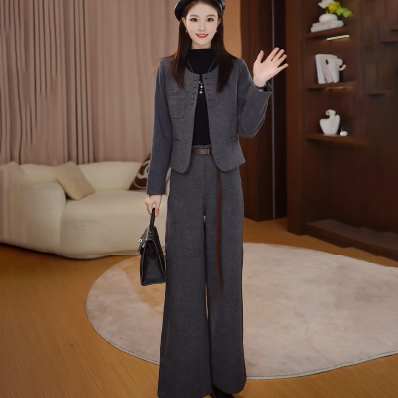 时尚套装女2025秋季新款洋气宽松显瘦小香风外套阔腿裤气质三件套