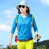 户外速干衣女长袖 V领显瘦透气跑步排汗透气弹力快干衣夏 T恤女修身