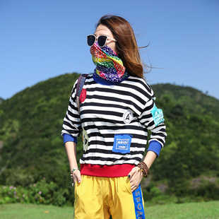 户外纯棉条纹长袖T恤女旅行街头嘻哈潮牌圆领套头宽松bf卫衣女秋