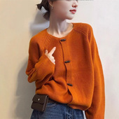 宽松软糯舒适洋气长袖 新款 针织外套上衣 女春季 韩系牛角扣针织开衫
