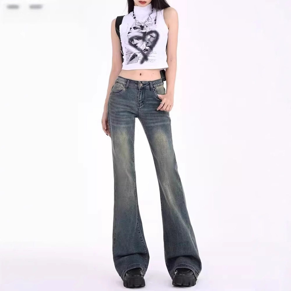 复古蓝微喇牛仔裤女春季新款大码胖mm高腰显瘦弹力不贴腿喇叭裤子