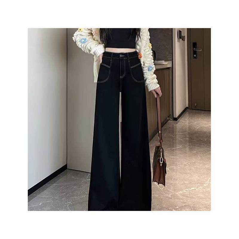 直筒牛仔裤女薄款夏季2026年新款阔腿时尚潮流设计感显瘦黑色裤子