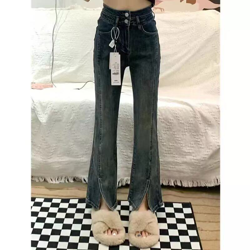 微喇叭开叉牛仔裤女直筒宽松春季新款高腰显瘦小个子弹力阔腿裤子