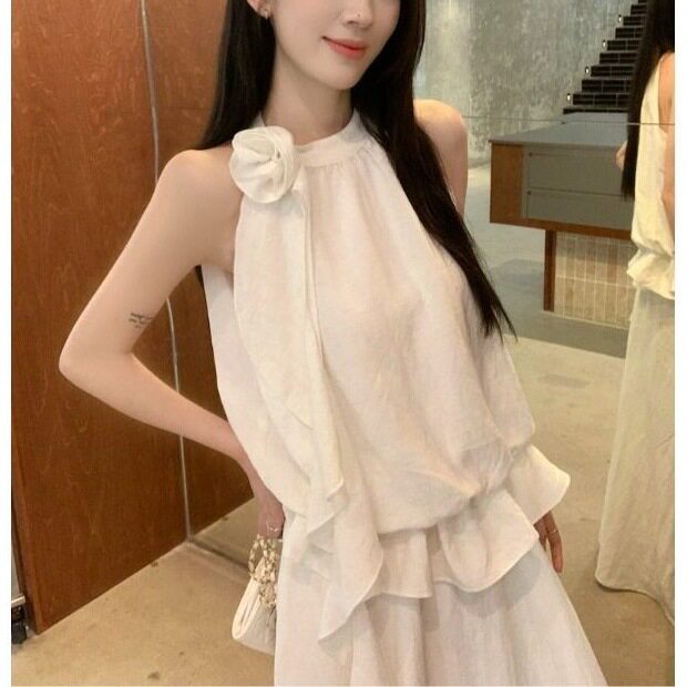 韩系温柔风套装女夏季2026新款挂脖无袖上衣垂感大摆半身裙两件套