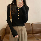 秋polo领坑条毛衣女高级感金属扣内搭上衣气质百搭打底针织衫 潮