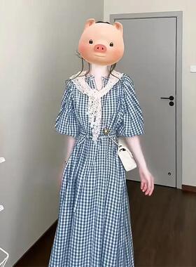 连衣裙女2026夏季新款法式气质泡泡袖百搭收腰显瘦中长款格纹裙子