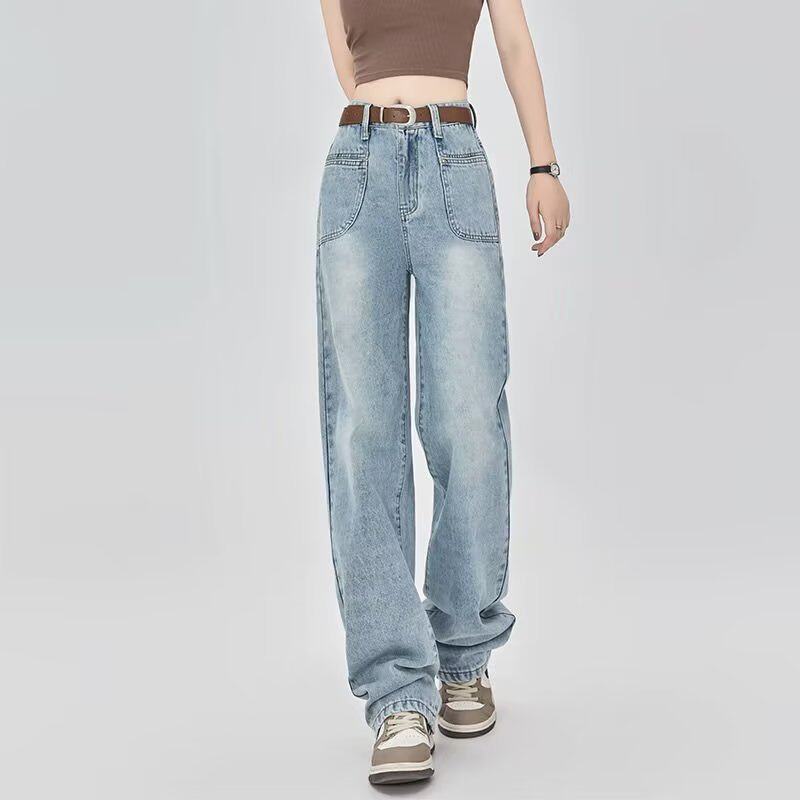 春季新款显瘦阔腿牛仔裤女高腰大码拖地宽松复古百搭直筒长裤子潮