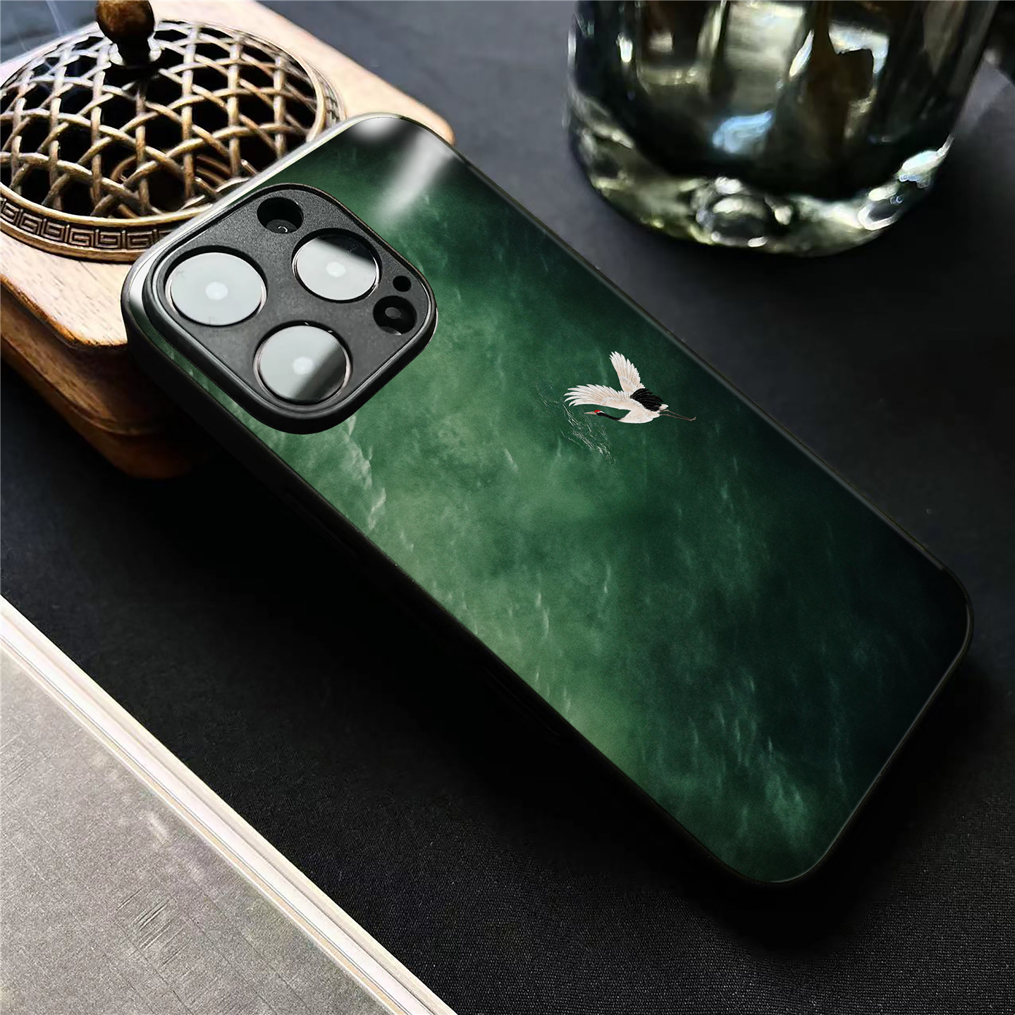 新中式鹤渡碧川适用苹果14promax手机壳玻璃iphone16小米15OPPOreno9一加vivox100红米k70荣耀iqoo华为mate60