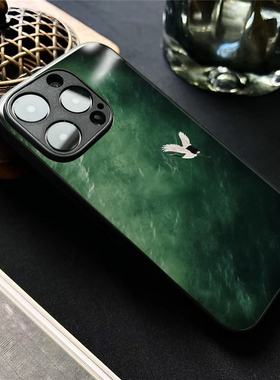 新中式鹤渡碧川适用苹果14promax手机壳玻璃iphone16小米15OPPOreno9一加vivox100红米k70荣耀iqoo华为mate60