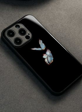 新中式蓝蝴蝶潮适用苹果14promax玻璃手机壳iphone16荣耀vivox100小米13华为mate70iqooneo8红米OPPOreno9