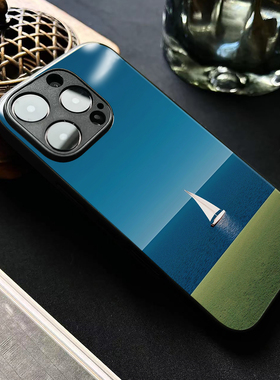 新中式蓝海孤帆适用苹果14promax手机壳玻璃iphone17小米15OPPOreno9红米k60一加vivox100华为mate80荣耀iqoo