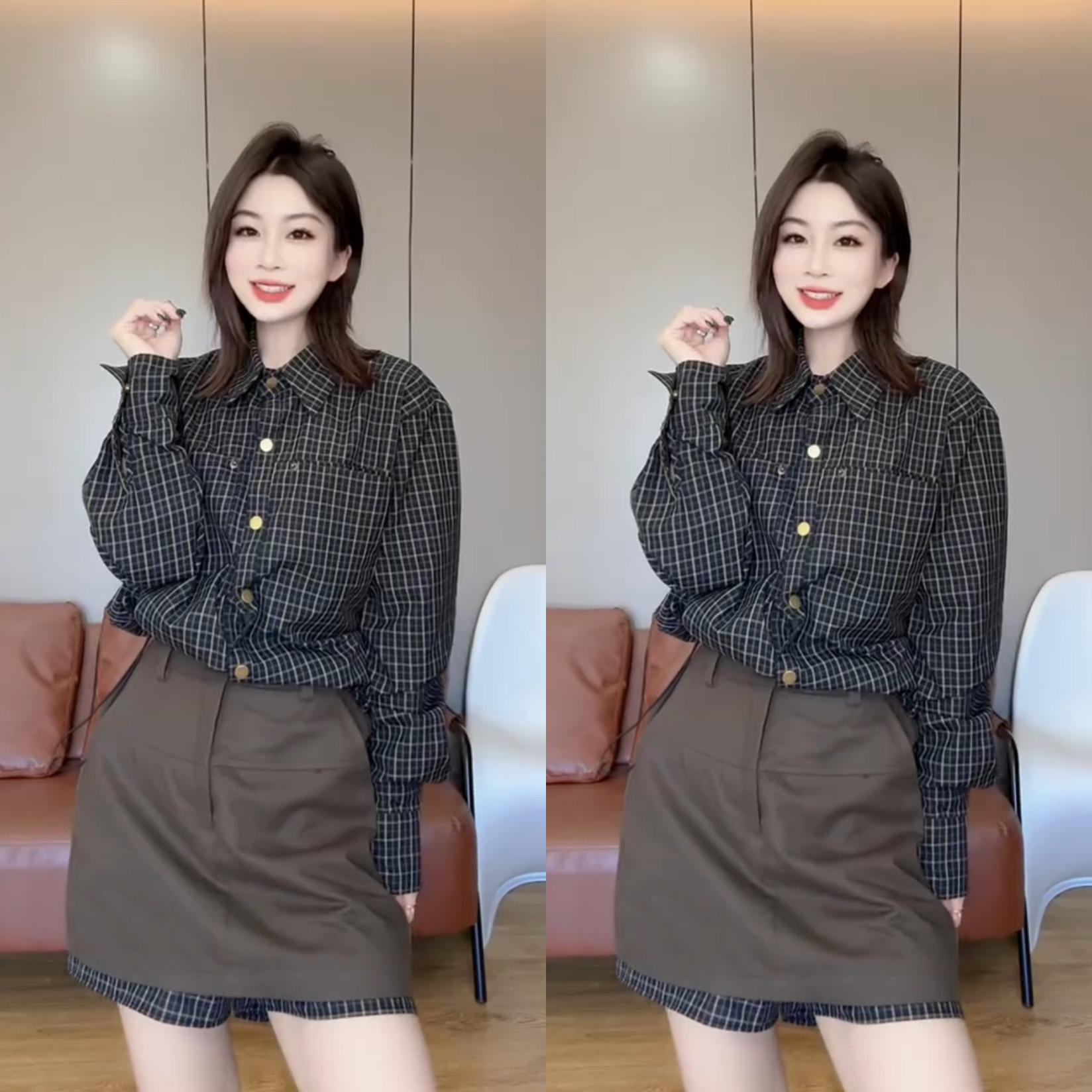 早秋穿搭格子衬衫假两件半身裙套装女翻领抽绳夹克上衣短裙两件套