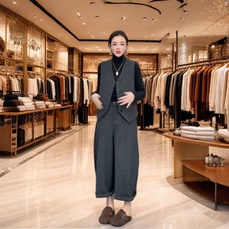 毛呢时尚套装女2025新款显瘦休闲气质马甲两件套阔腿裤洋气三件套