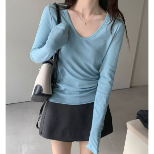 显瘦百搭打底衫 春季 T恤女修身 纯色极简风V领长袖 糖果色上衣潮 新款