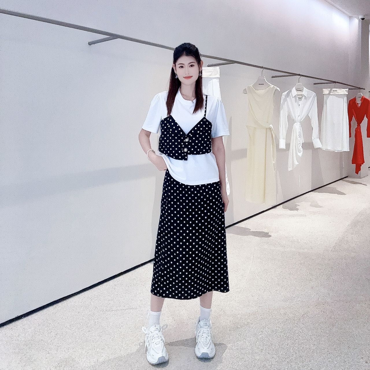 5205-夏季新款拼接波点针织假两件短袖衬衫高腰显瘦衣服女时尚