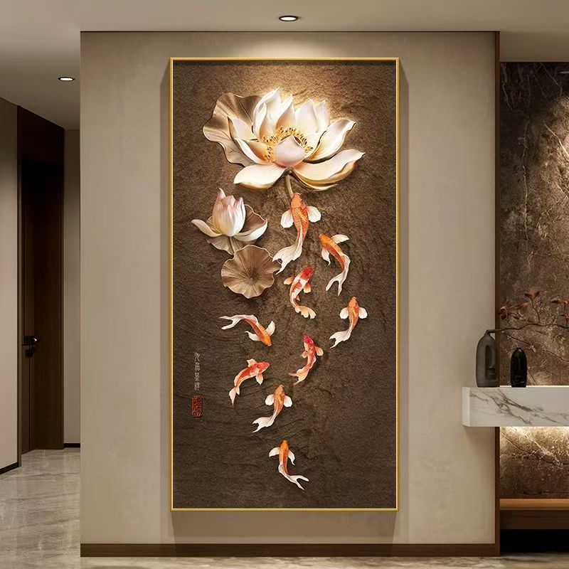 九鱼图鱼跃龙门玄关装饰画新中式走廊过道挂画寓意荷花入户门壁画图片