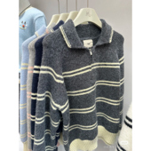 韩系polo领条纹套头毛衣女秋冬宽松翻领半拉链软糯减龄针织衫 上衣