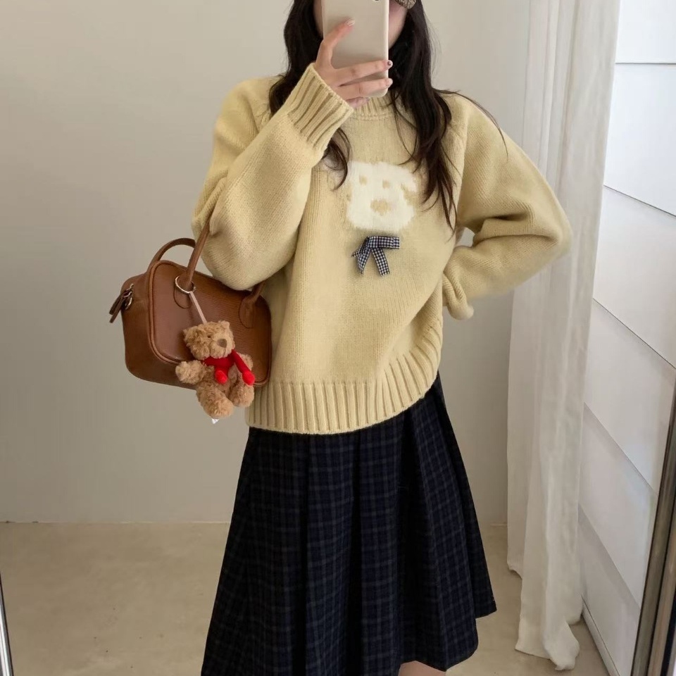 韩系蝴蝶结小狗提花圆领套头毛衣