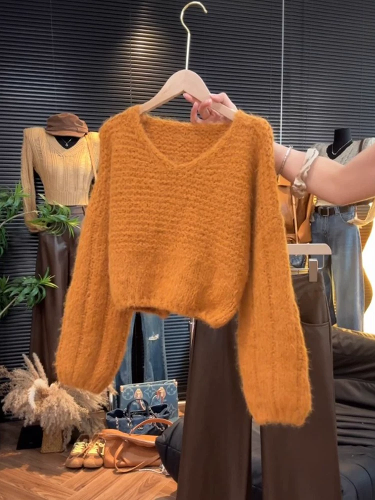 韩系慵懒风V领套头长袖针织衫女