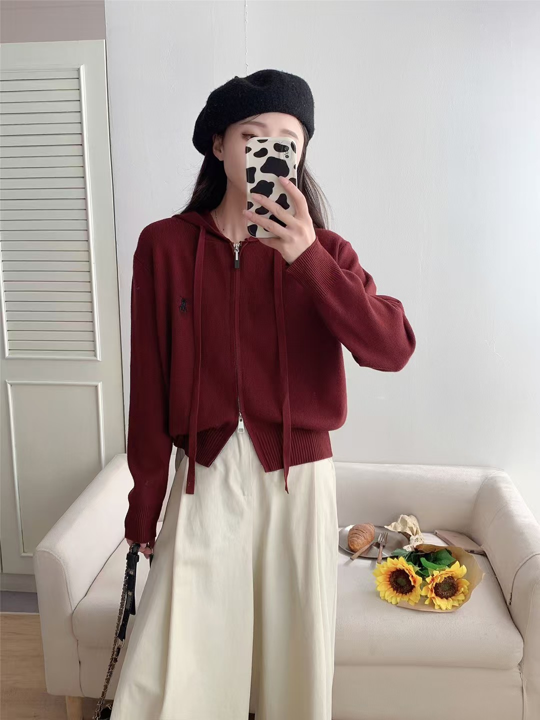 春秋新款百搭气质连帽针织开衫