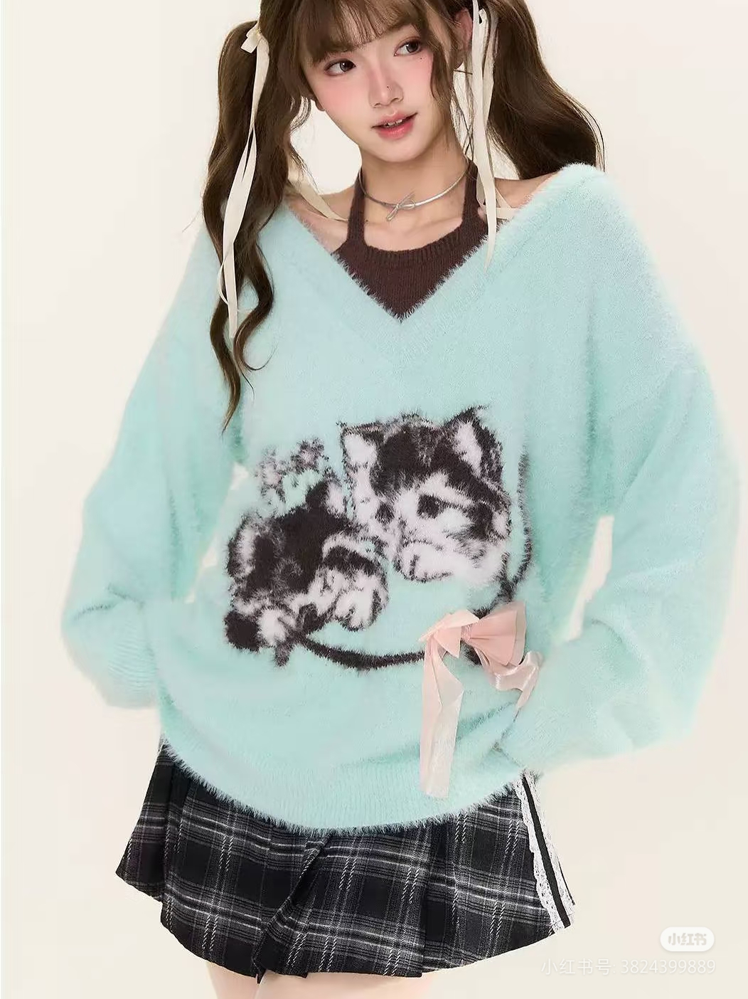 水貂绒v领针织衫毛衣女秋冬新款