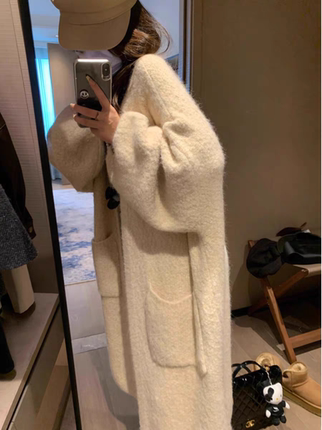 灯笼袖长款开衫女装2025秋冬新款宽松厚实慵懒风针织毛衣外套上衣