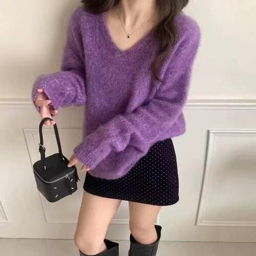 秋冬慵懒风V领显瘦针织毛衣女
