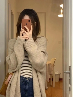 温柔风针织开衫女秋冬2024年慵懒风宽松加厚中长款过膝毛衣外套